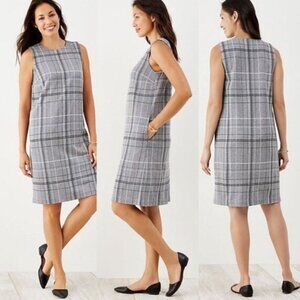 J JILL Ponte Gray Plaid Soft Knit Shift Dress S Side Pockets Preppy Sleeveless